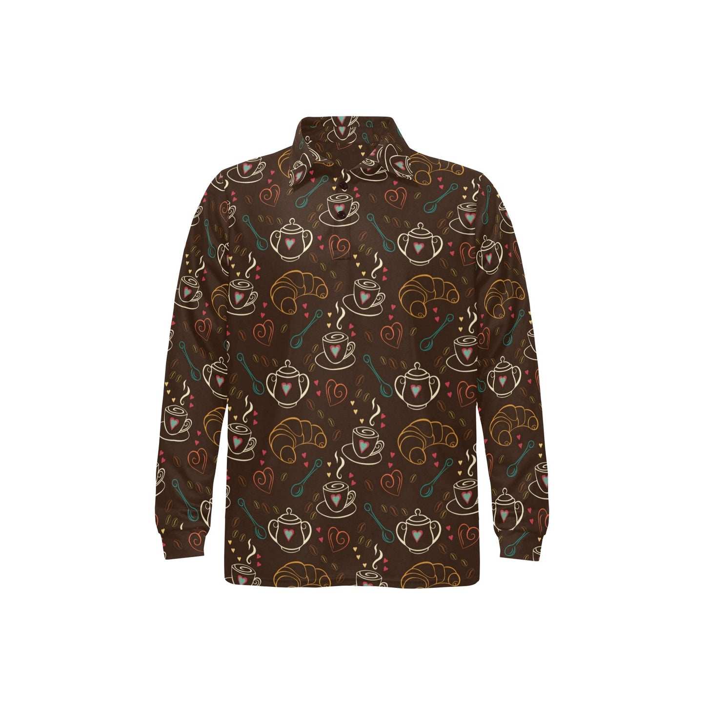 Coffee Pattern Print Design 06 Long Sleeve Polo Shirt For Men's
