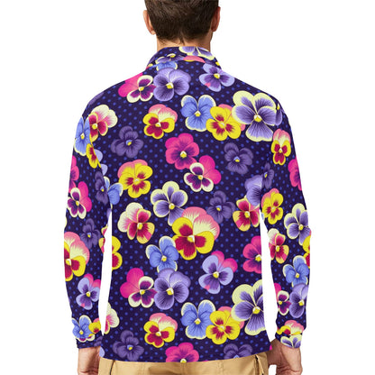Pansy Pattern Print Design PS04 Long Sleeve Polo Shirt For Men's
