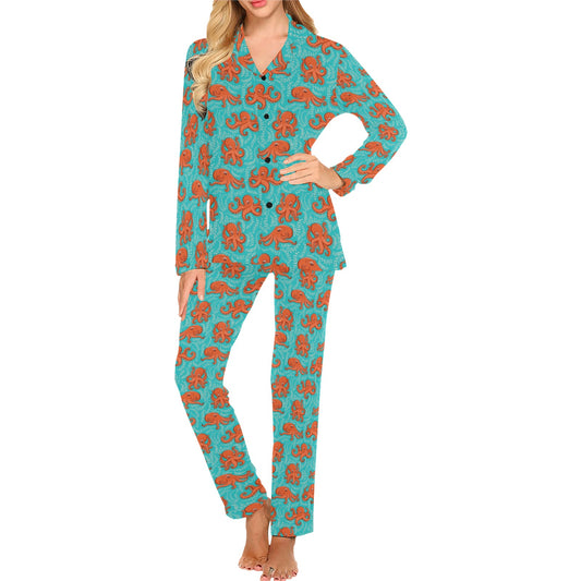 Octopus Cartoon Design Print Themed Women's Long Pajama Set
