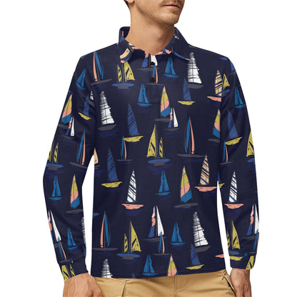 Sailing Ships Pattern Print Design A03 Long Sleeve Polo Shirt For Men's