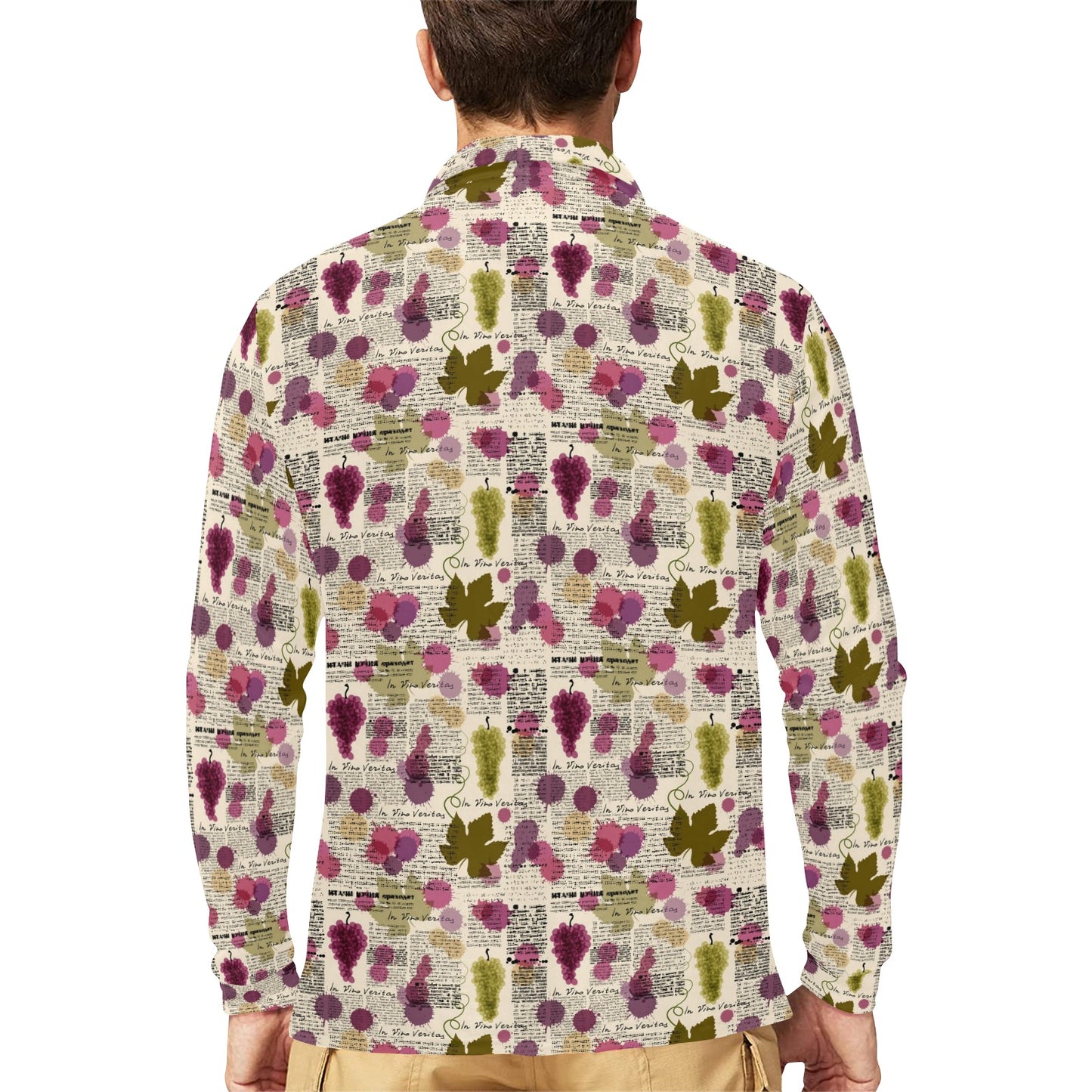Wine Style Design Print Long Sleeve Polo Shirt For Men's