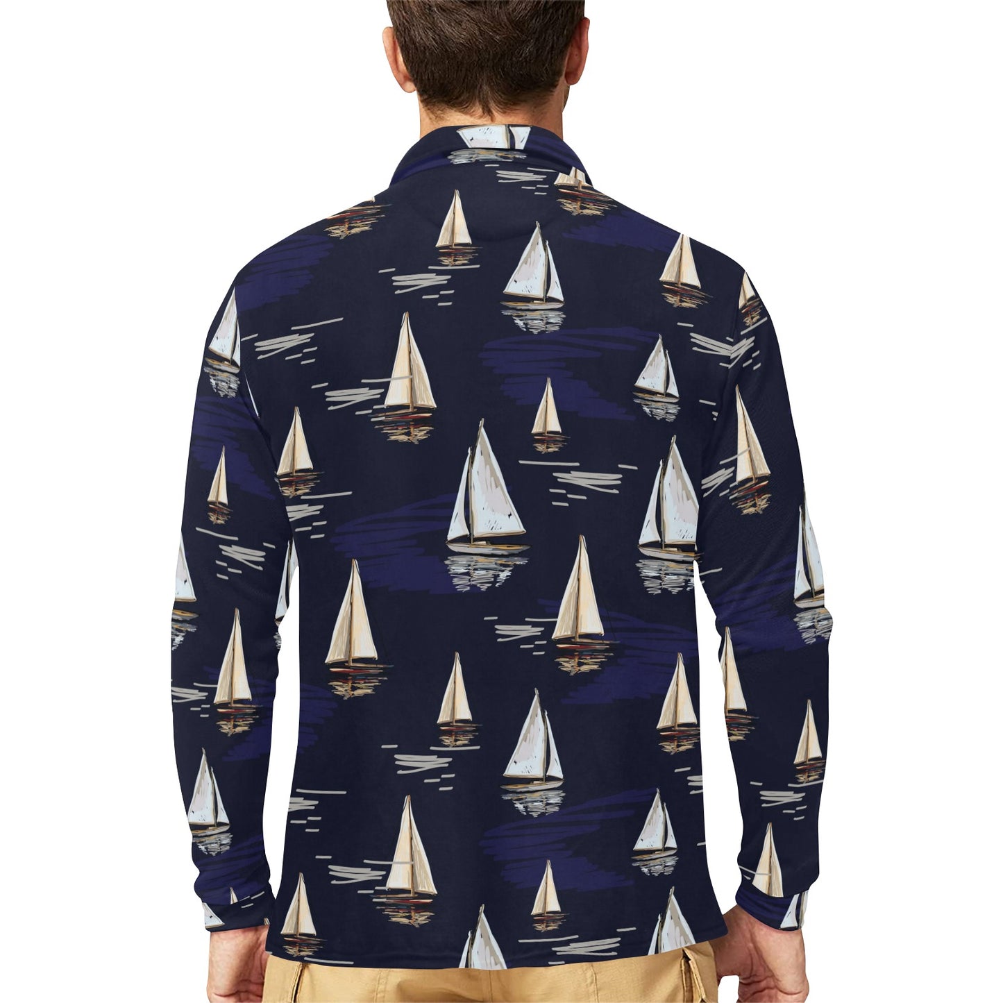 Sailing Ships Pattern Print Design A05 Long Sleeve Polo Shirt For Men's