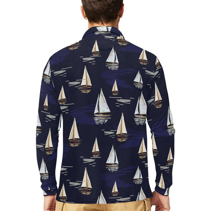 Sailing Ships Pattern Print Design A05 Long Sleeve Polo Shirt For Men's