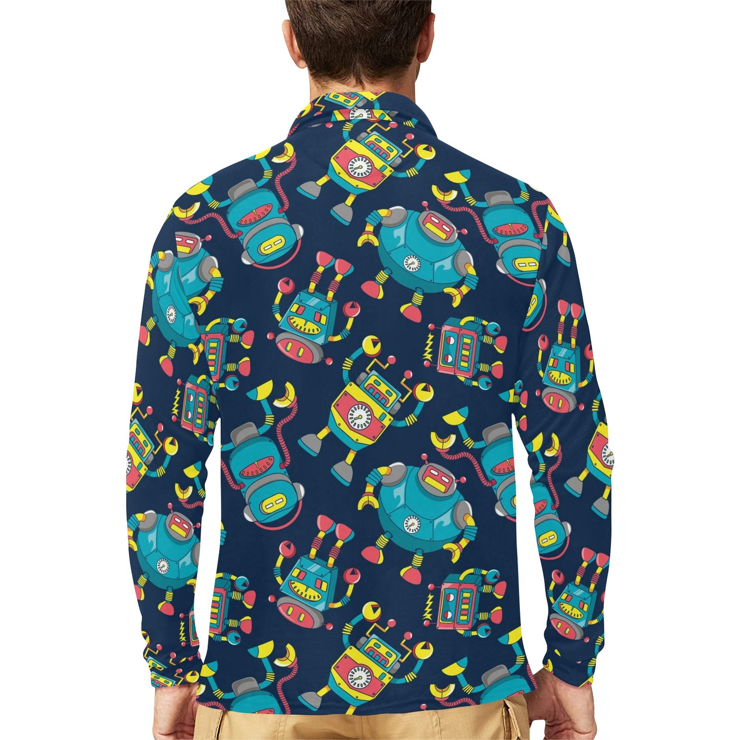 Robot Pattern Print Design A05 Long Sleeve Polo Shirt For Men's