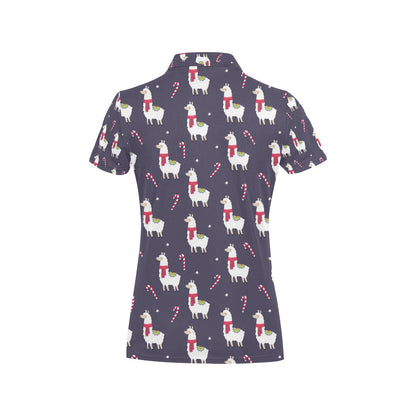 Llama with Candy Cane Themed Print Women's Polo Shirt