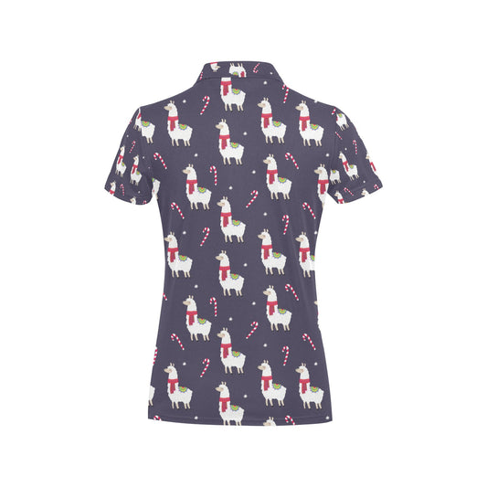Llama with Candy Cane Themed Print Women's Polo Shirt