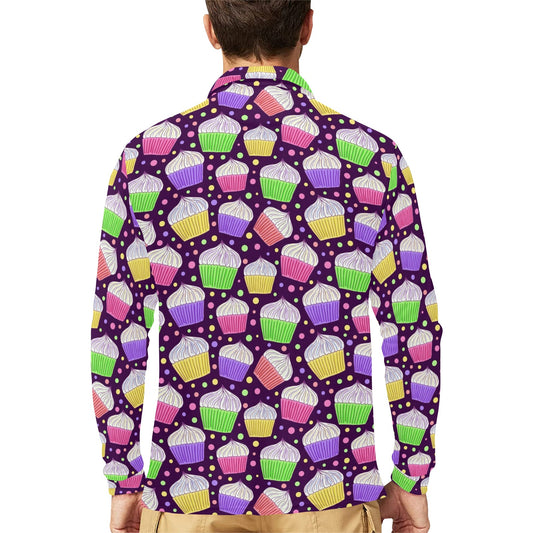 Cupcake Pattern Print Design CP07 Long Sleeve Polo Shirt For Men's