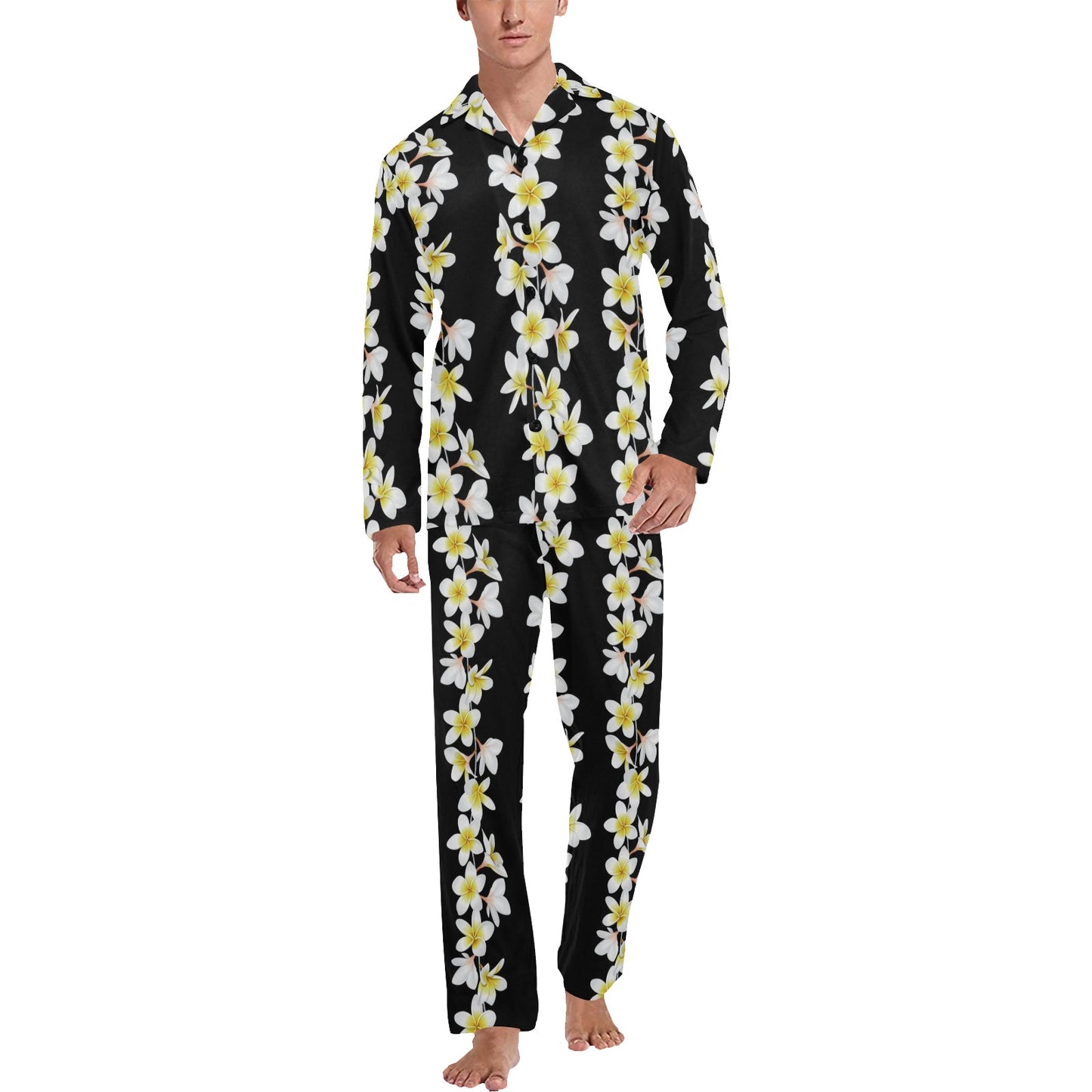 White Plumeria Pattern Print Design PM08 Men's Long Pajama Set