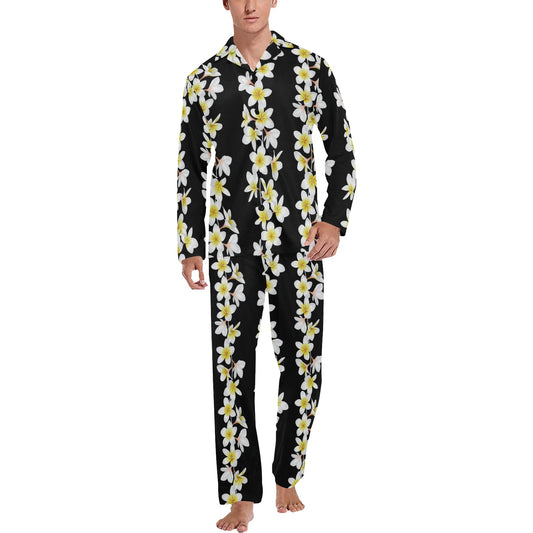 White Plumeria Pattern Print Design PM08 Men's Long Pajama Set