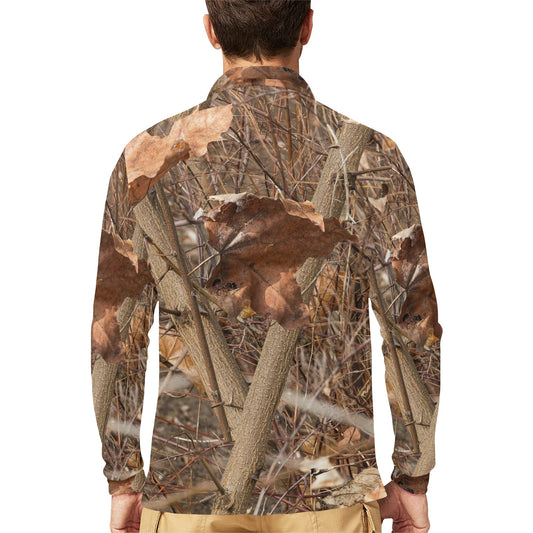 Camo Realistic Tree Forest Autumn Print Long Sleeve Polo Shirt For Men's