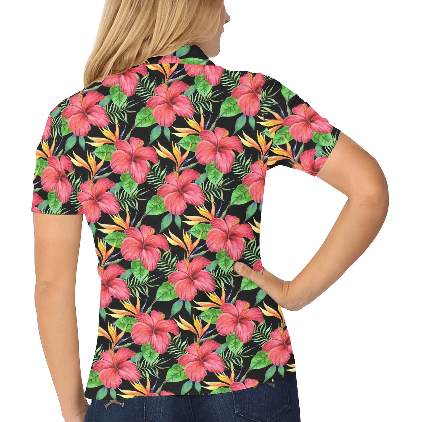 Red Hibiscus Pattern Print Design HB07 Women's Polo Shirt