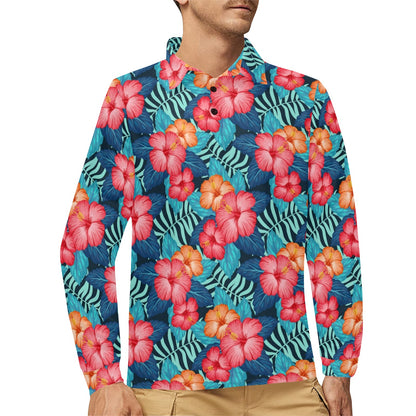 Red Hibiscus Pattern Print Design HB02 Long Sleeve Polo Shirt For Men's