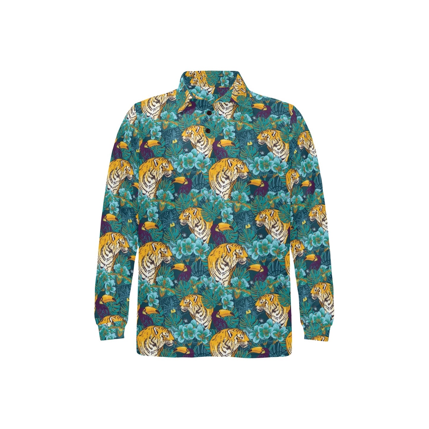 Tiger Tropical Print Design LKS301 Long Sleeve Polo Shirt For Men's
