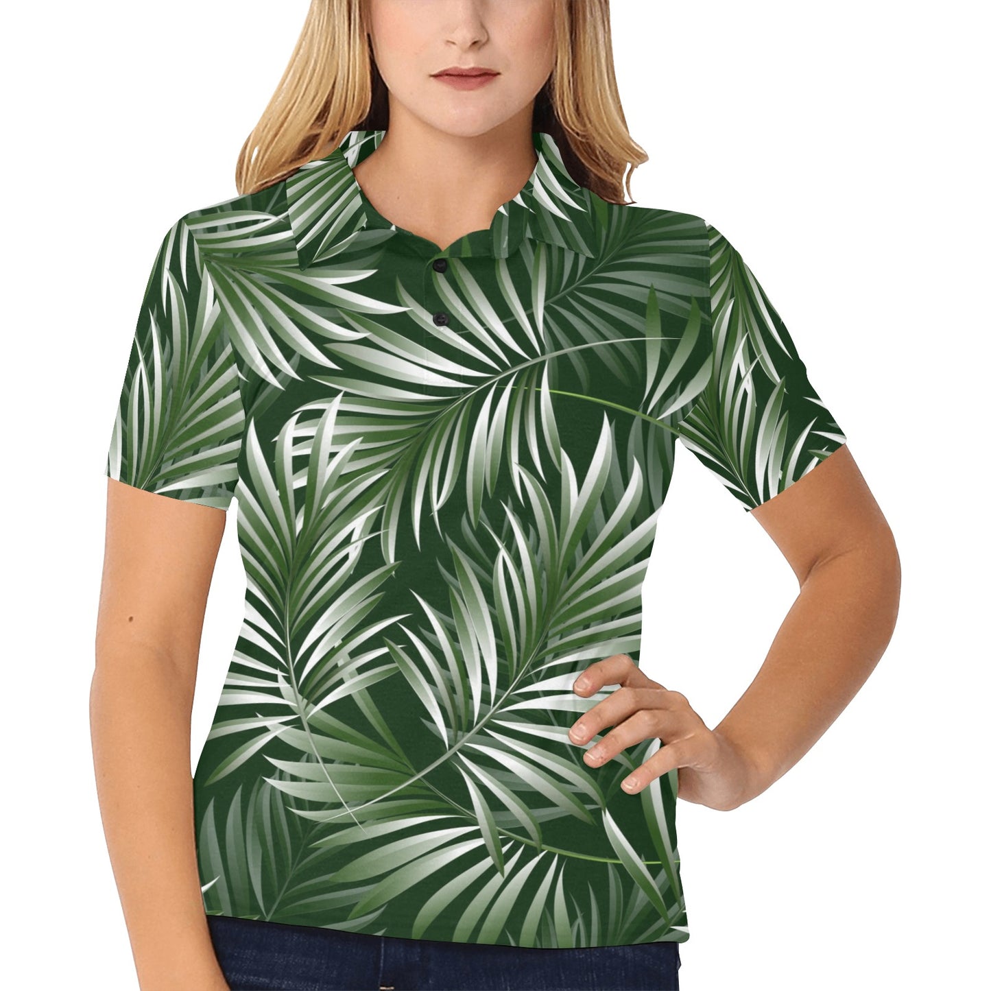 White Green Tropical Palm Leaves Women's Polo Shirt