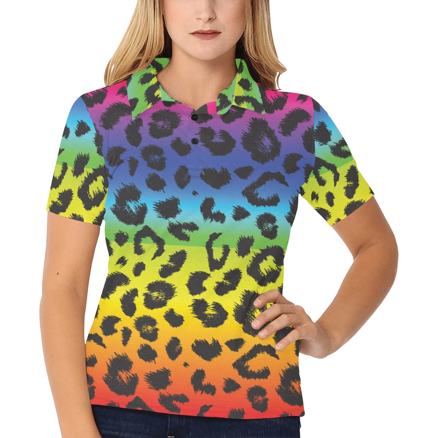 Rainbow Leopard Pattern Print Design A01 Women's Polo Shirt