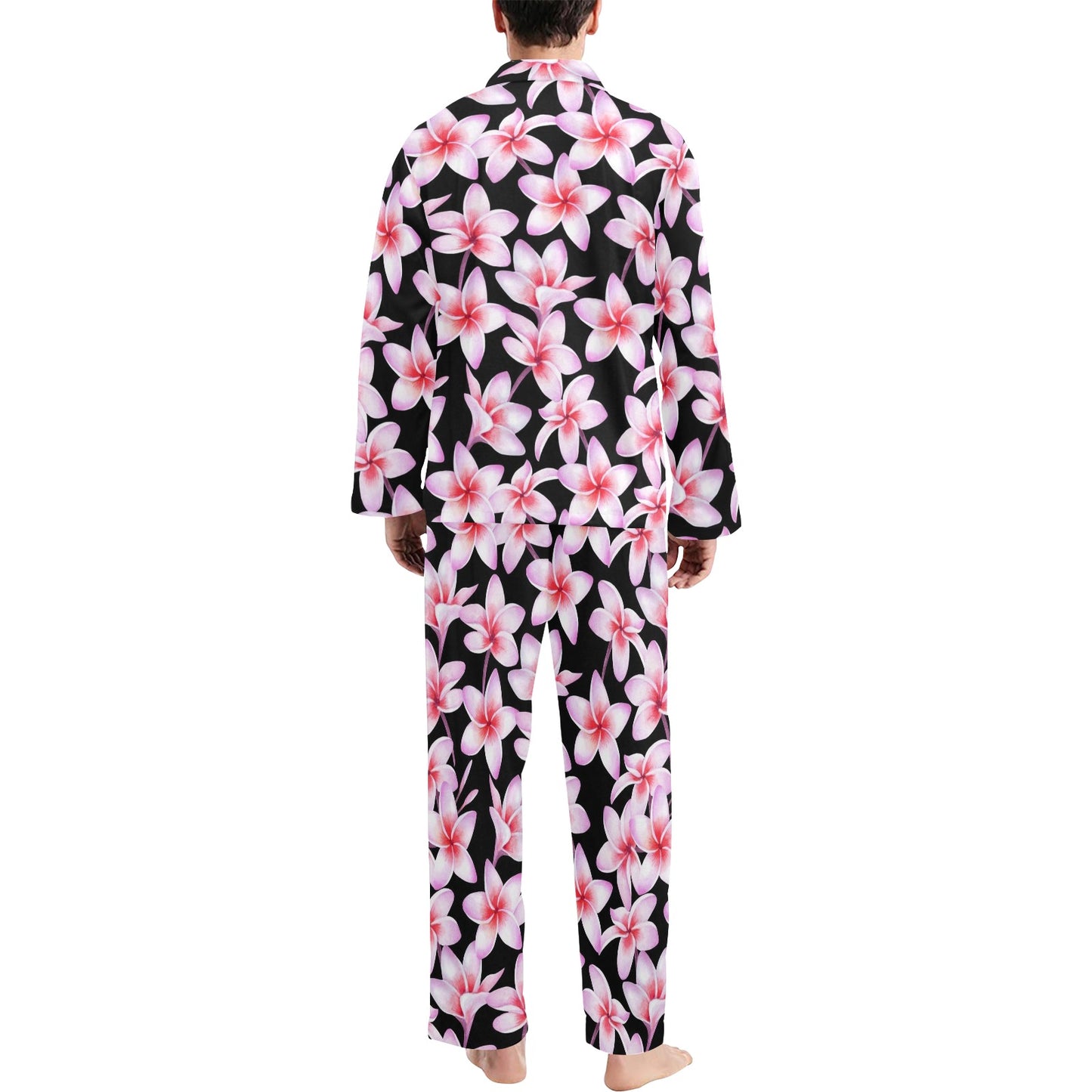 Pink Plumeria Pattern Print Design PM09 Men's Long Pajama Set
