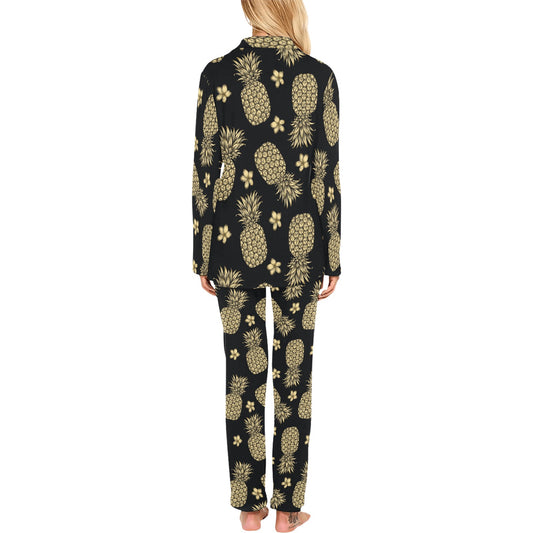 Gold Pineapple Hibiscus Women's Long Pajama Set