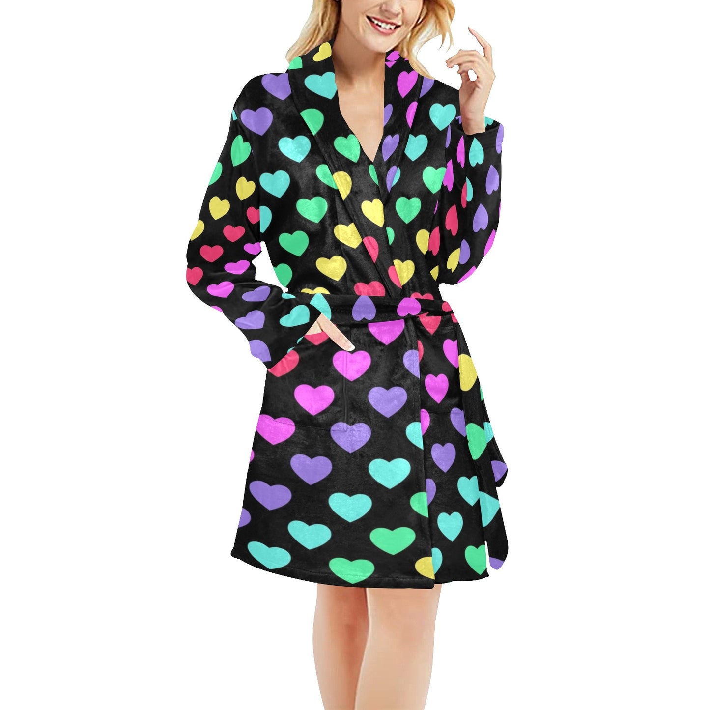 Heart Rainbow Pattern Print Design HE02 Women's Fleece Robe