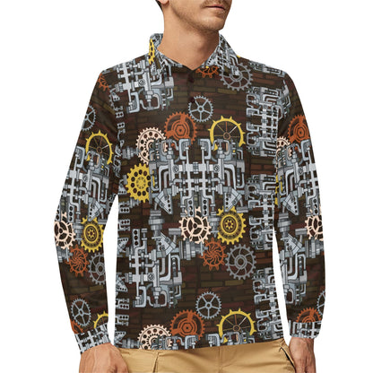 Mechanic Pattern Print Design 04 Long Sleeve Polo Shirt For Men's