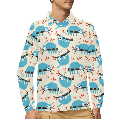 Sloth Print Design LKS3011 Long Sleeve Polo Shirt For Men's