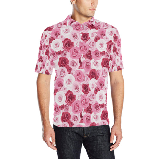 Pink Red Rose Pattern Print Men Polo Shirt