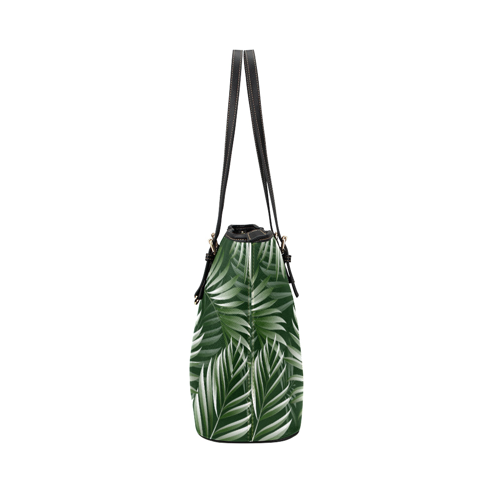 White Green Tropical Palm Leaves Leather Tote Bag