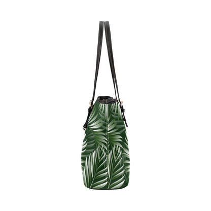 White Green Tropical Palm Leaves Leather Tote Bag