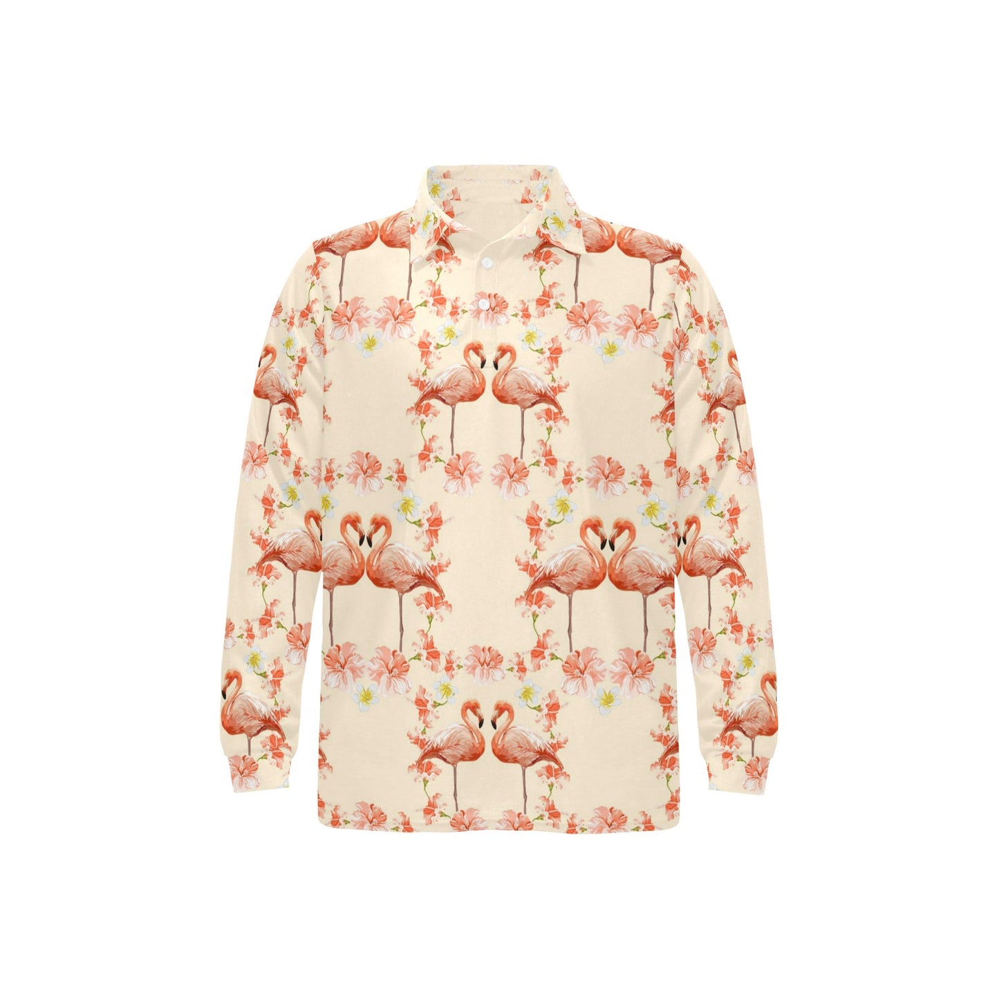 Flamingo Hibiscus Print Pattern Long Sleeve Polo Shirt For Men's