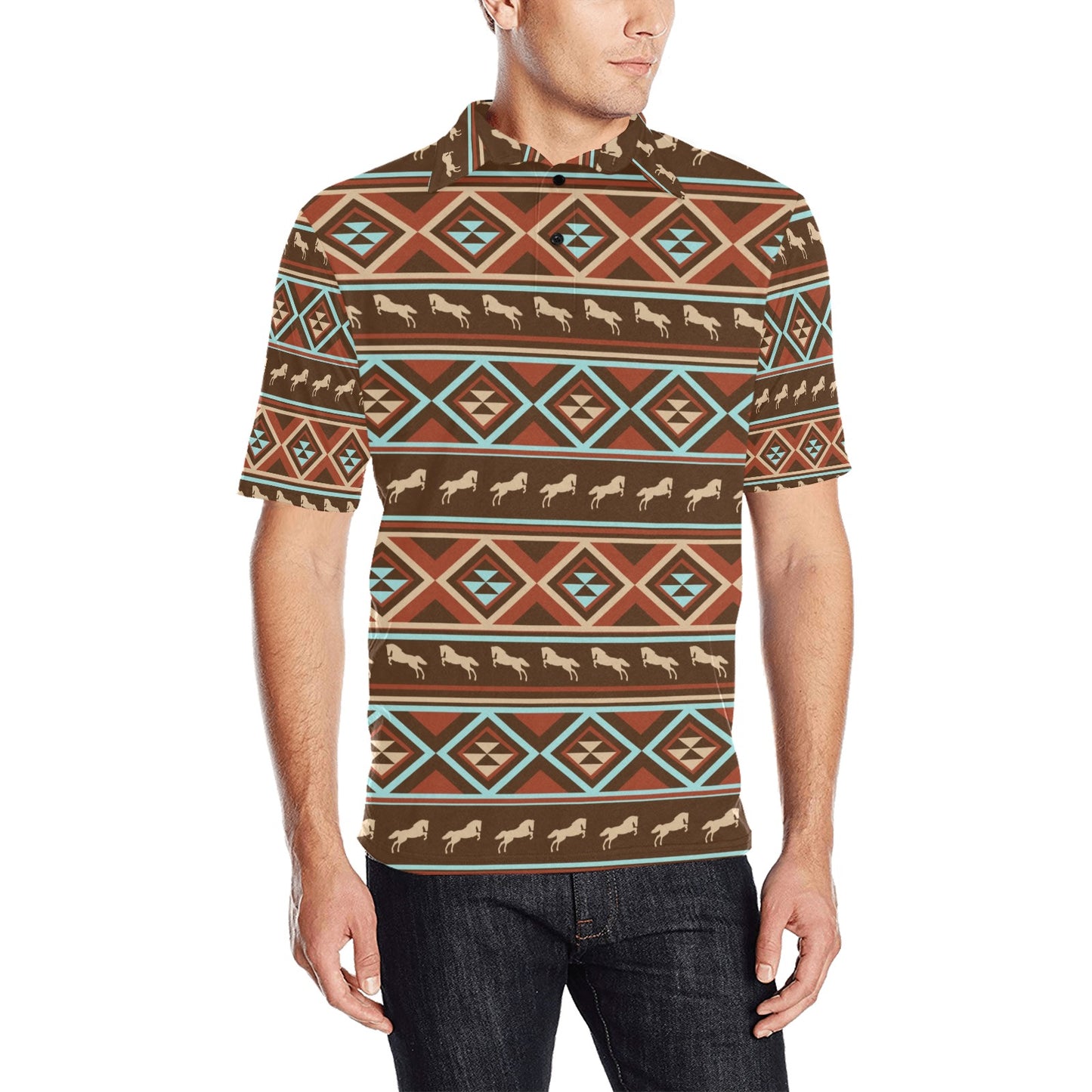 Western Horse Pattern Print LKS301 Men Polo Shirt