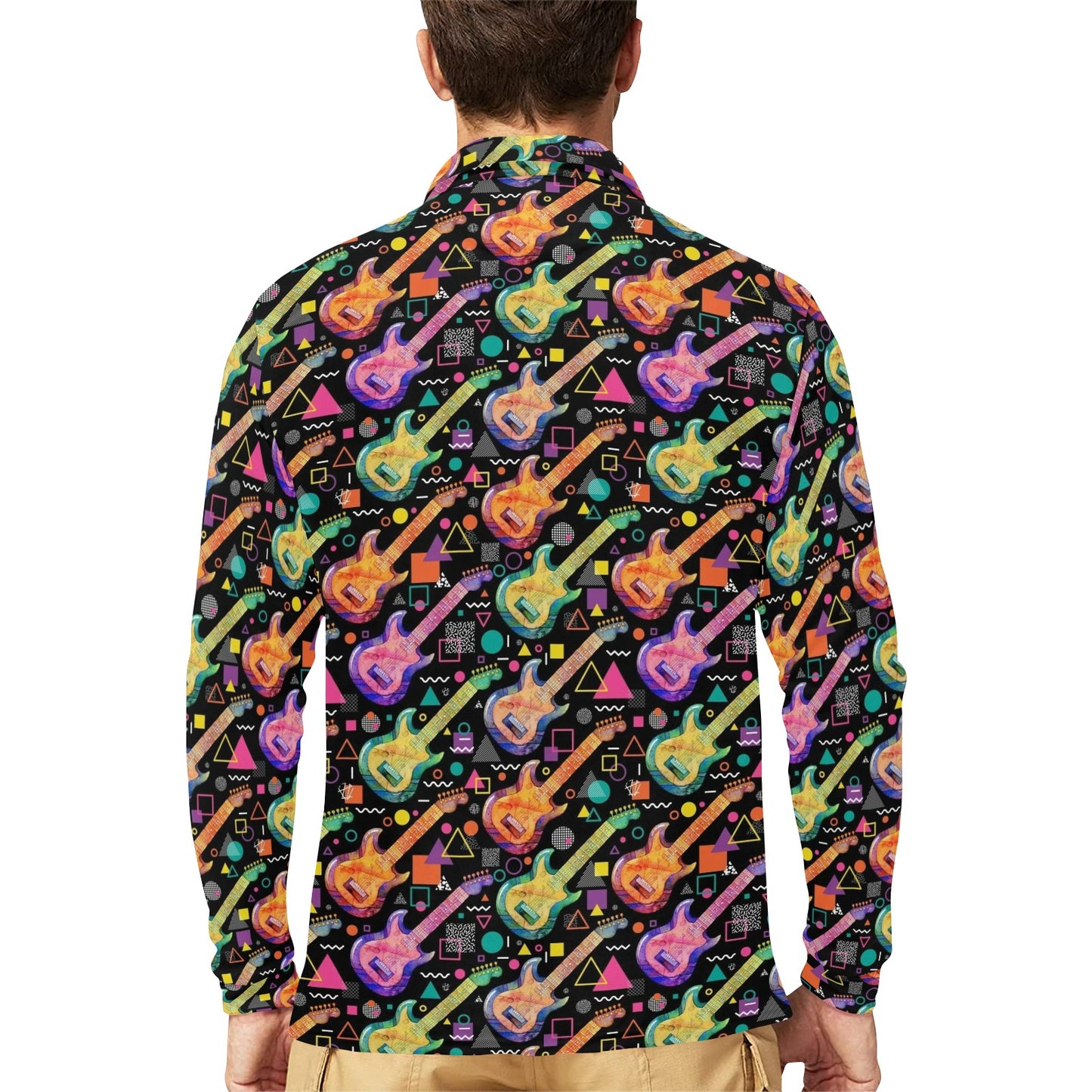 Electric Guitar Print Design LKS403 Long Sleeve Polo Shirt For Men's
