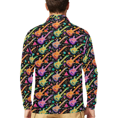 Electric Guitar Print Design LKS403 Long Sleeve Polo Shirt For Men's