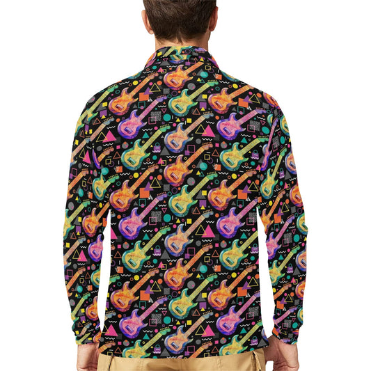 Electric Guitar Print Design LKS403 Long Sleeve Polo Shirt For Men's