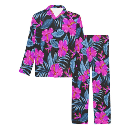Neon Pink Hibiscus Pattern Print Design HB015 Men's Long Pajama Set