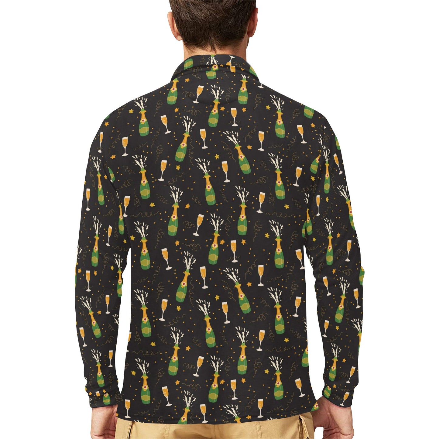 Champagne Pattern Print Design 04 Long Sleeve Polo Shirt For Men's