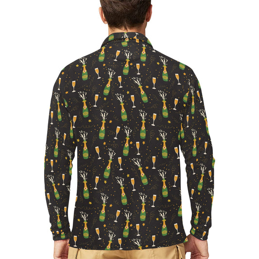 Champagne Pattern Print Design 04 Long Sleeve Polo Shirt For Men's