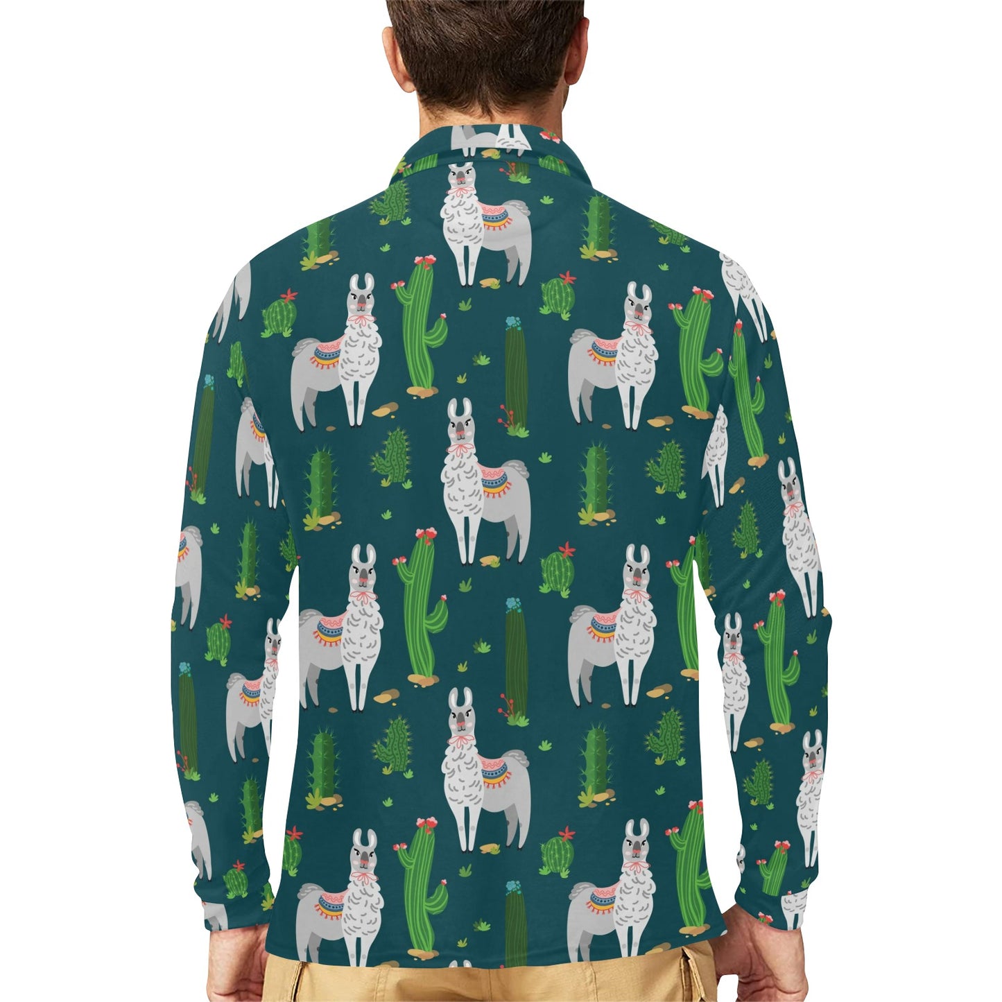 Llama Cactus Pattern Print Design 013 Long Sleeve Polo Shirt For Men's