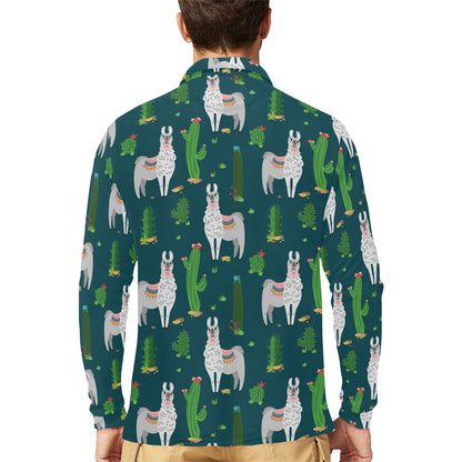 Llama Cactus Pattern Print Design 013 Long Sleeve Polo Shirt For Men's