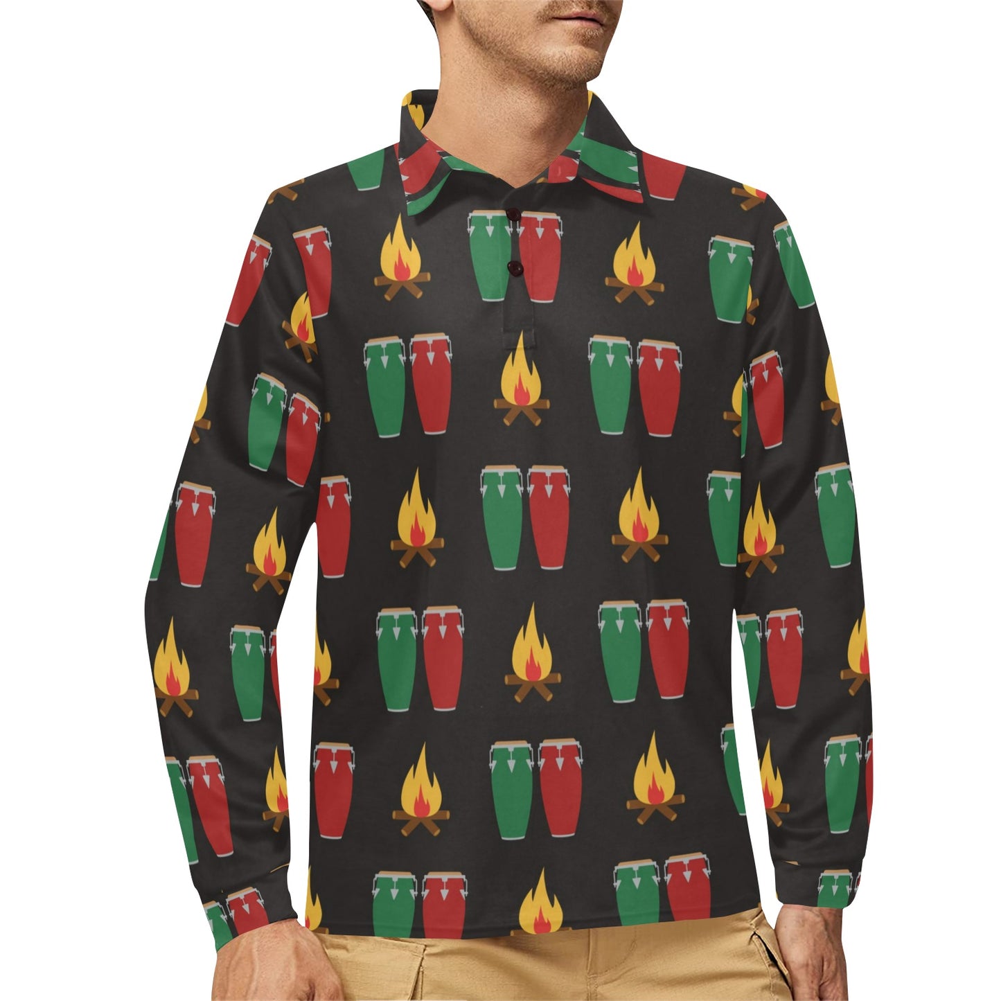 Conga Pattern Print Design 01 Long Sleeve Polo Shirt For Men's