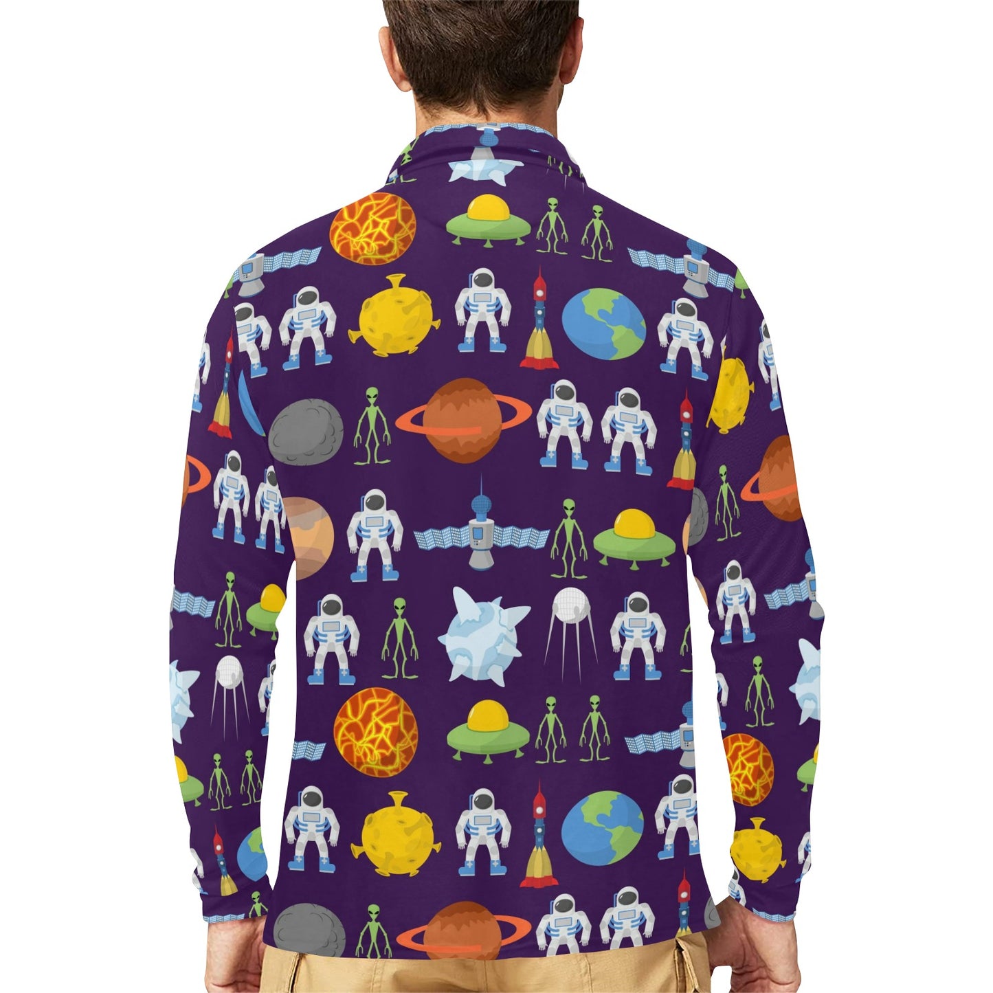 Alien Astronaut Planet Long Sleeve Polo Shirt For Men's