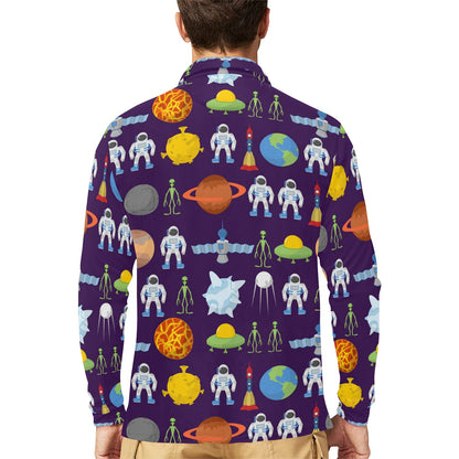 Alien Astronaut Planet Long Sleeve Polo Shirt For Men's