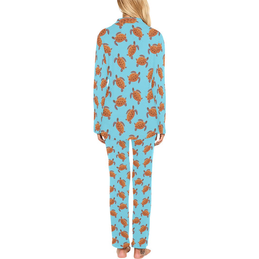 Brow Sea Turtle Print Pattern Women's Long Pajama Set