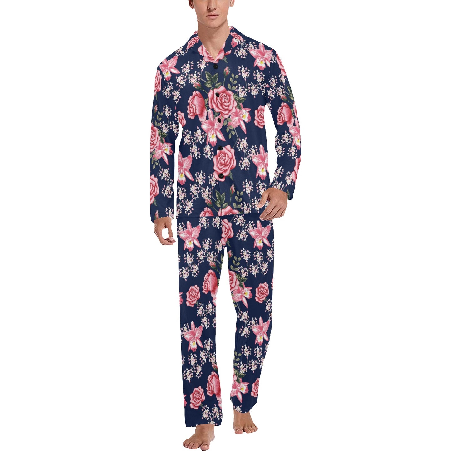 Rose Pattern Print Design A05 Men's Long Pajama Set
