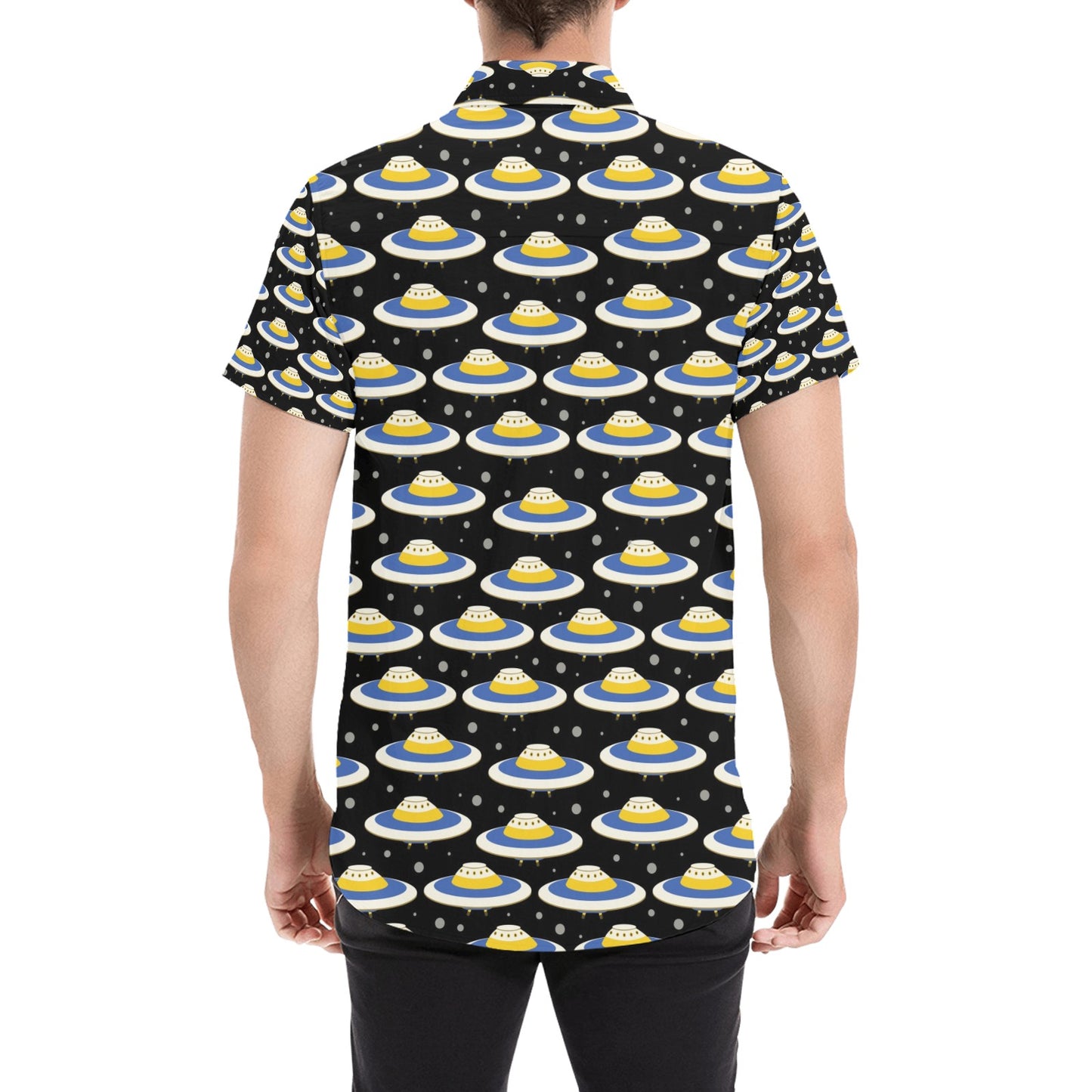 UFO Print Design LKS303 Men Short Sleeve Button Up Shirt