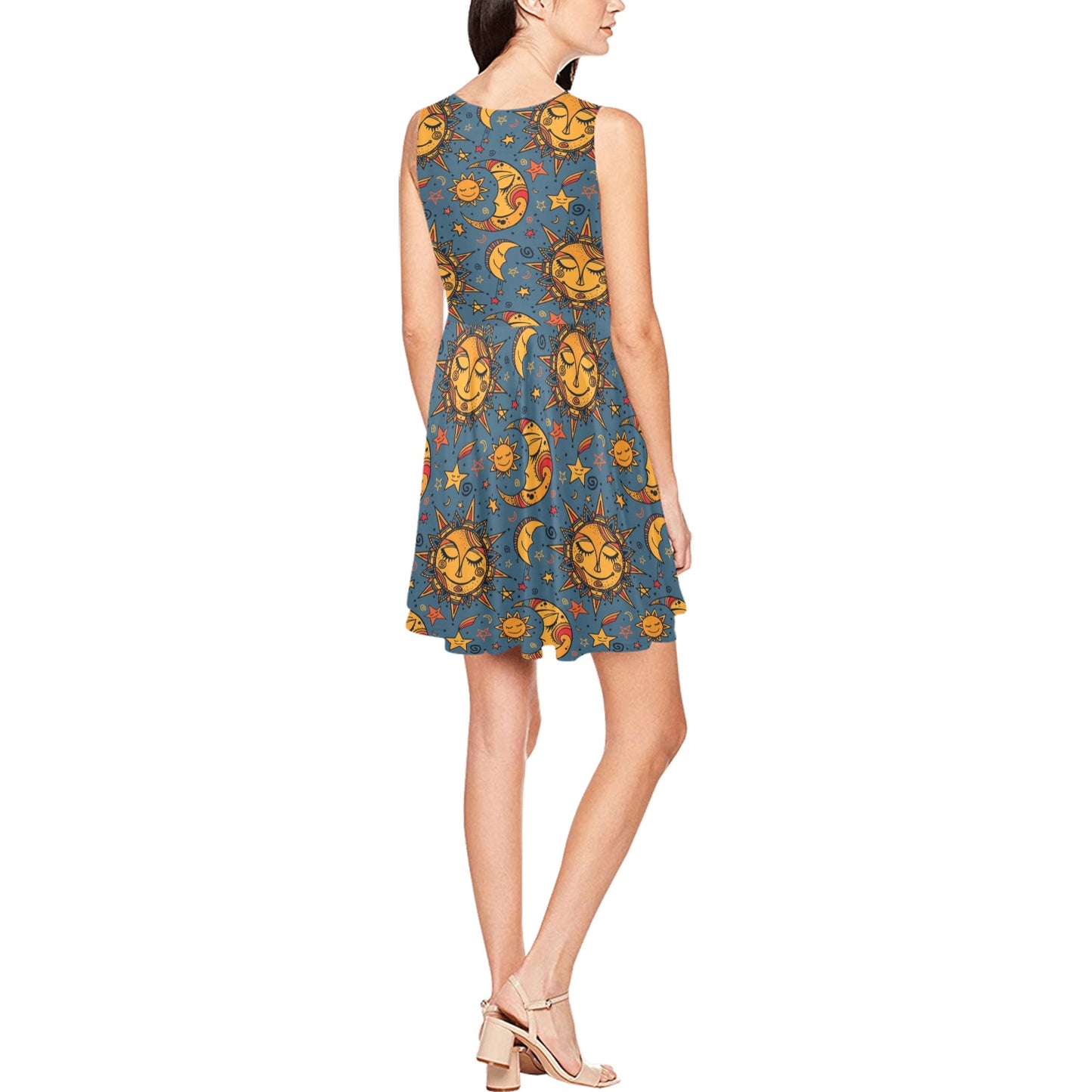Celestial Moon Sun Pattern Print Design 02 Sleeveless Dress