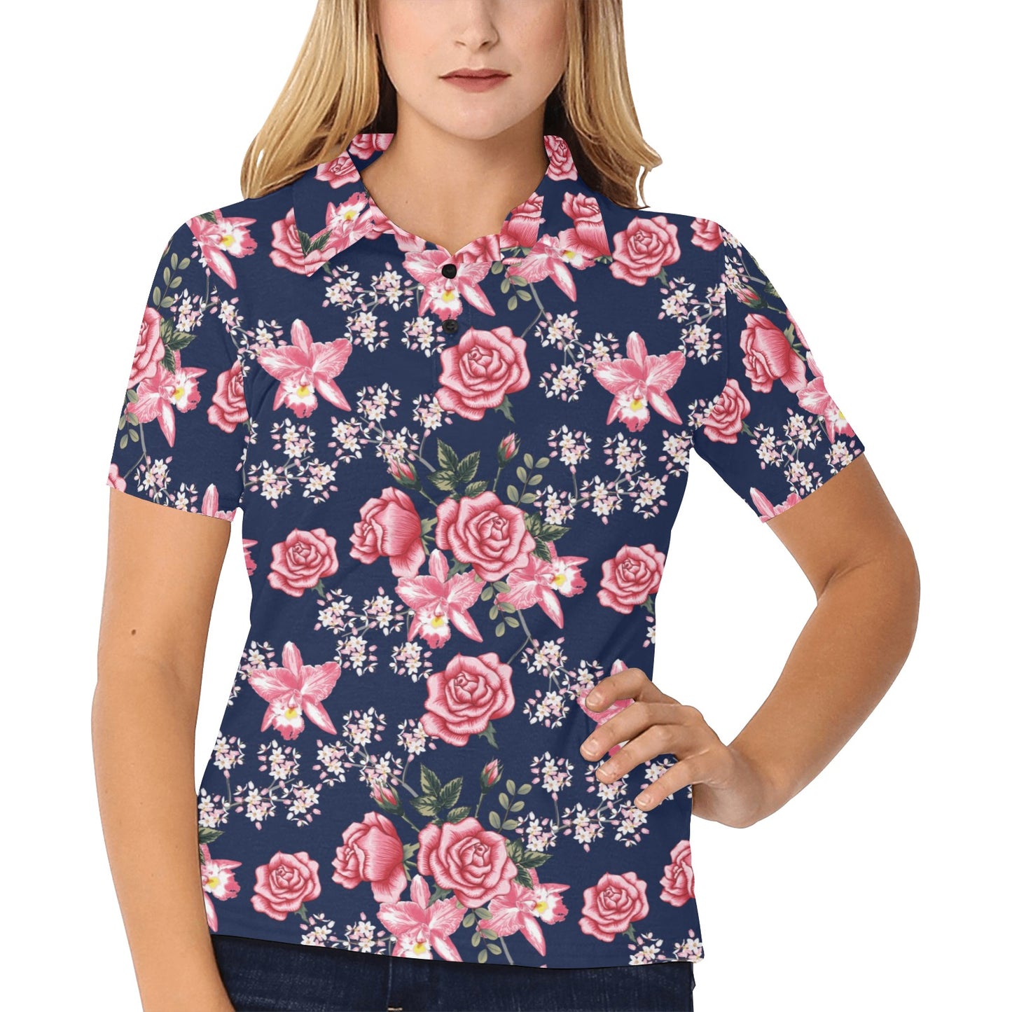 Rose Pattern Print Design A05 Women's Polo Shirt