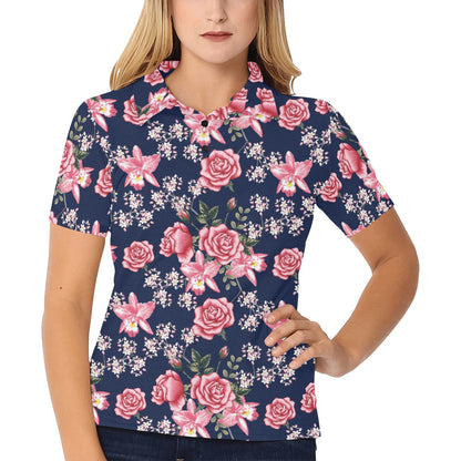 Rose Pattern Print Design A05 Women's Polo Shirt