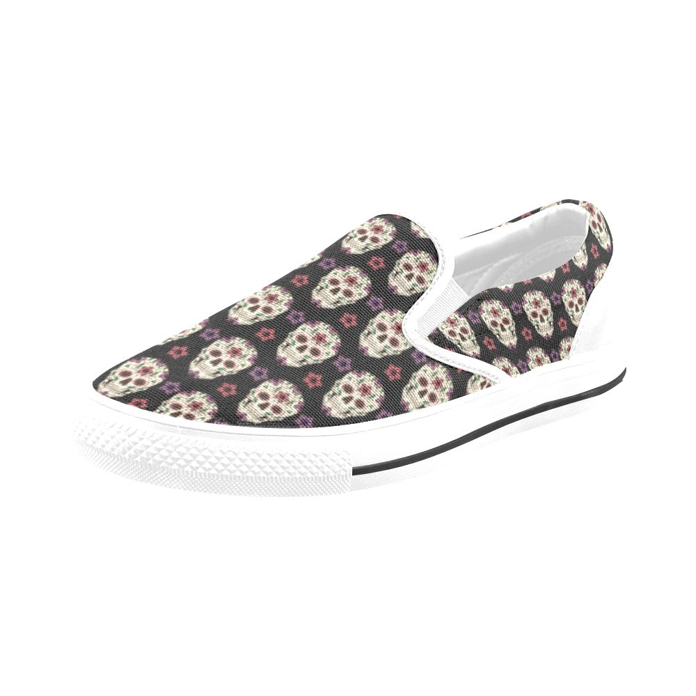 Sugar Skull Print Design LKS304 White Slip Ons Canvas Women's Shoes