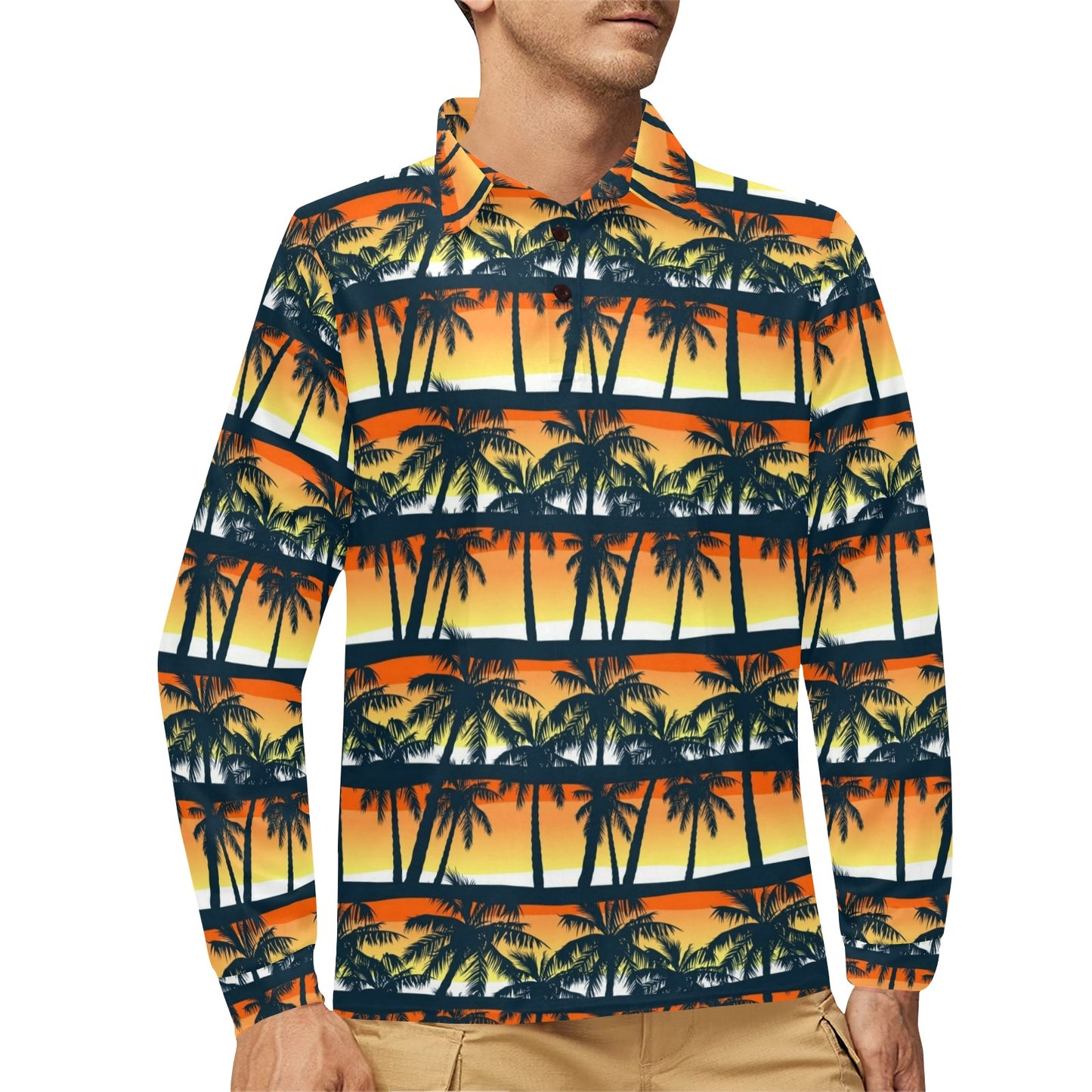 Palm Tree Pattern Print Design PT011 Long Sleeve Polo Shirt For Men's
