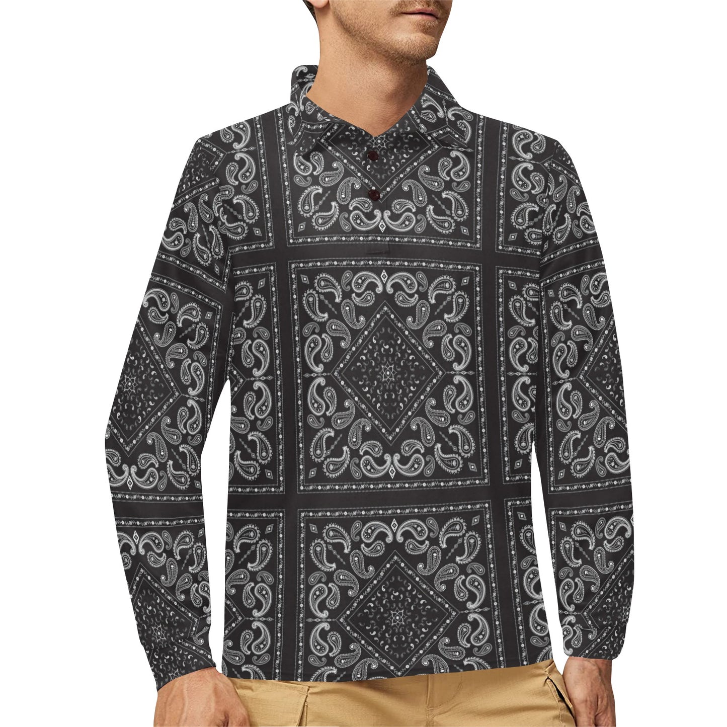 Bandana Black White Print Design LKS302 Long Sleeve Polo Shirt For Men's