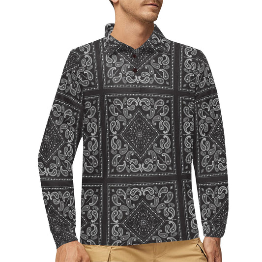 Bandana Black White Print Design LKS302 Long Sleeve Polo Shirt For Men's